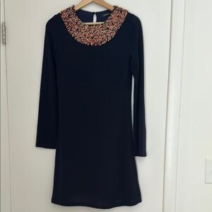 Elegant Blue Dress with Beaded Neckline